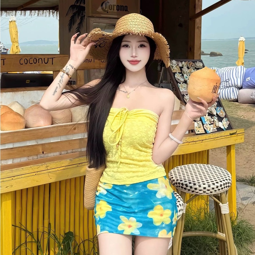 Strapless Yellow Lace Tie-Front Top with Blue Floral Mini Skirt